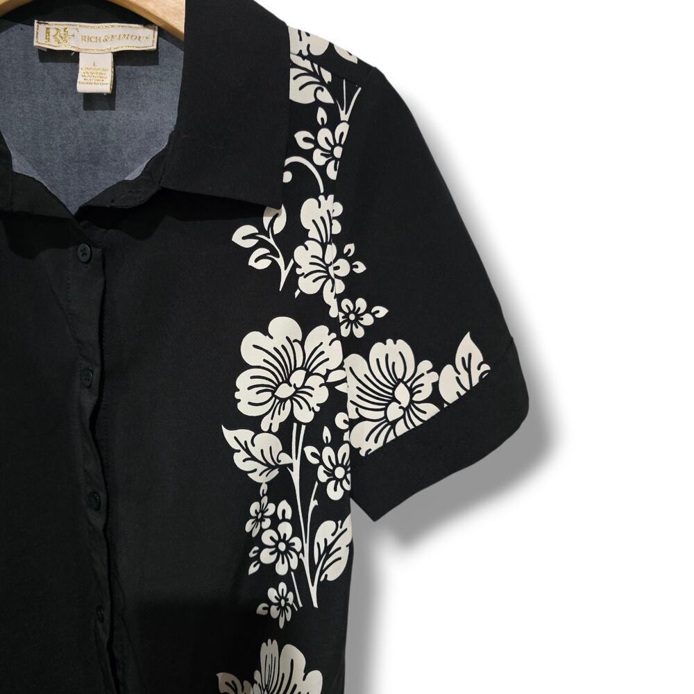 Rich & Famous Black Floral Button-Front Tie Hem Top – Size Large - Picture 2 of 8